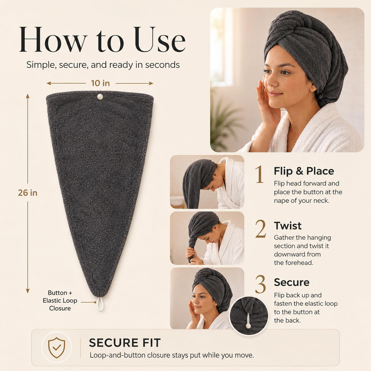 Seritaine button closure detail demonstrating secure fit and hands-free convenience