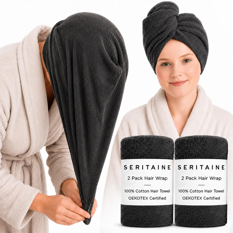 Seritaine front view of two-pack towel wraps showing neat packaging and quick-dry benefit