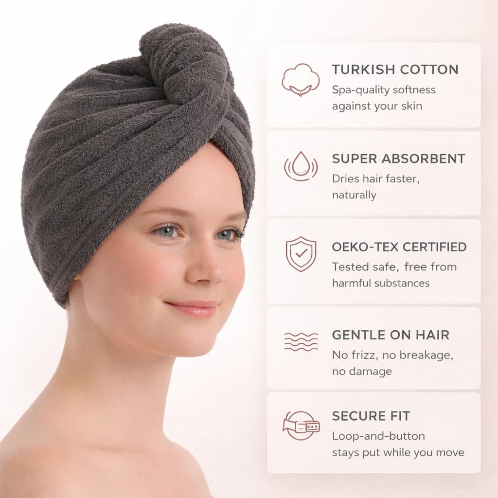 Seritaine model wearing turban in bathroom showing fast moisture removal