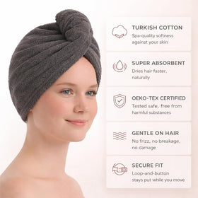 Seritaine model wearing turban in bathroom showing fast moisture removal