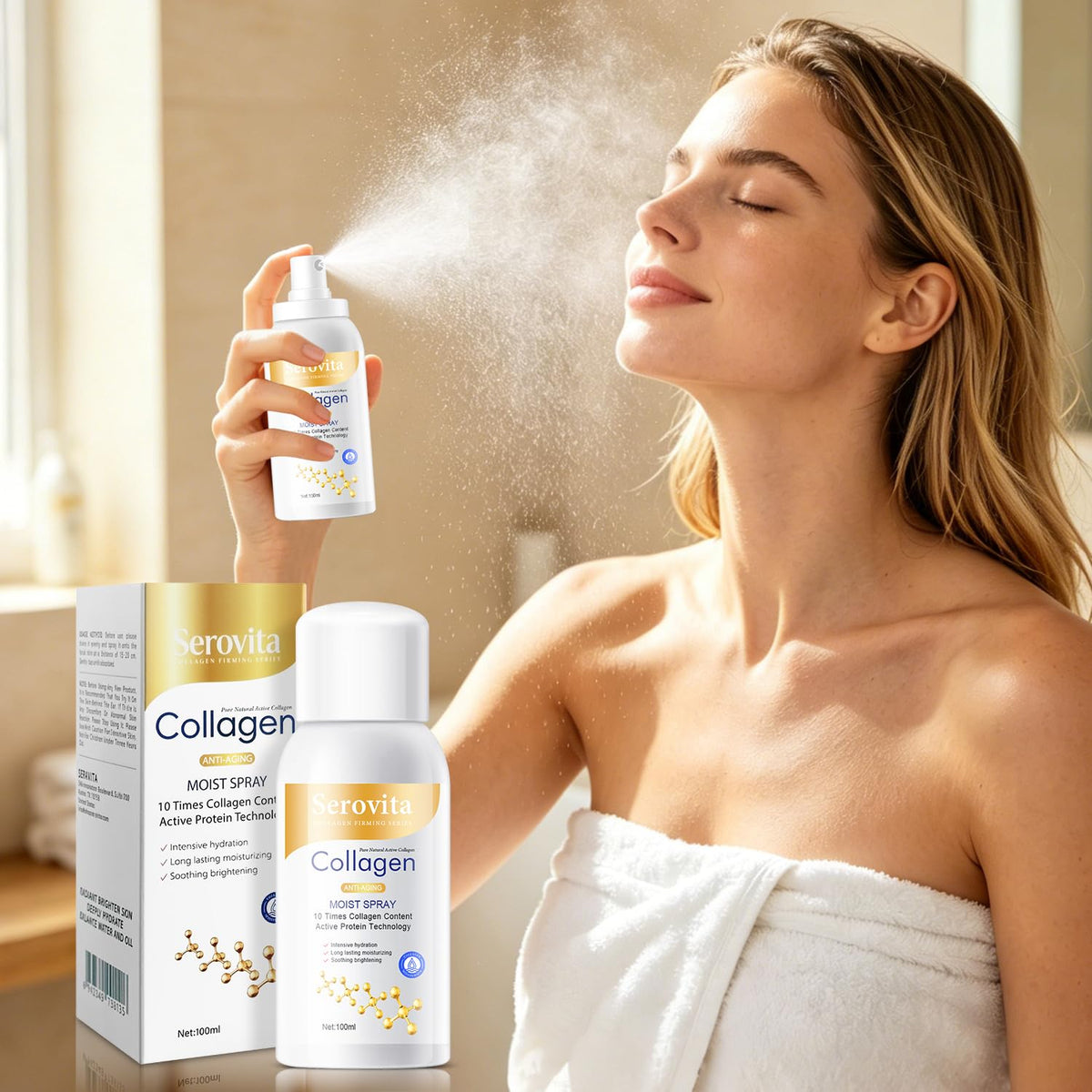 Serovita placed on bathroom counter in lifestyle scene for daily routine use