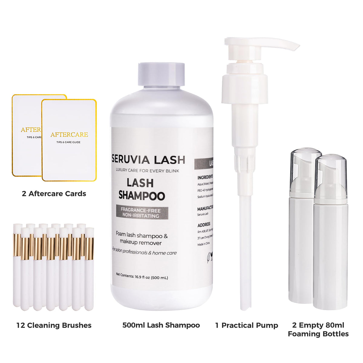Seruvia Lash foaming bottle with pump ready to dispense gentle foam and simplify application