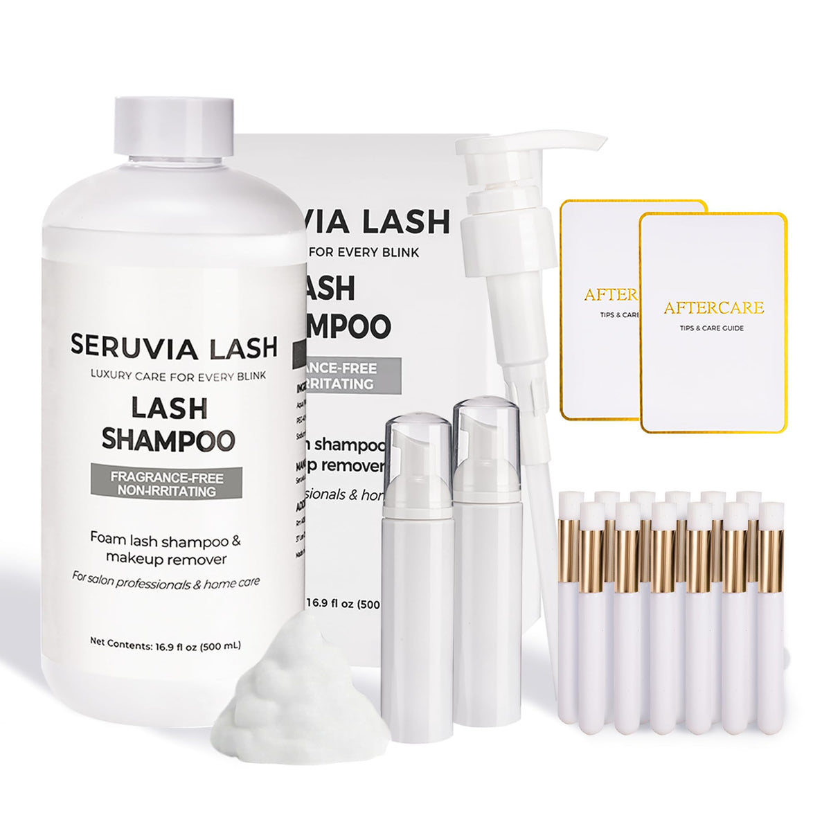 Seruvia Lash front packaging showing 500ml bottle and included accessories benefits cost savings
