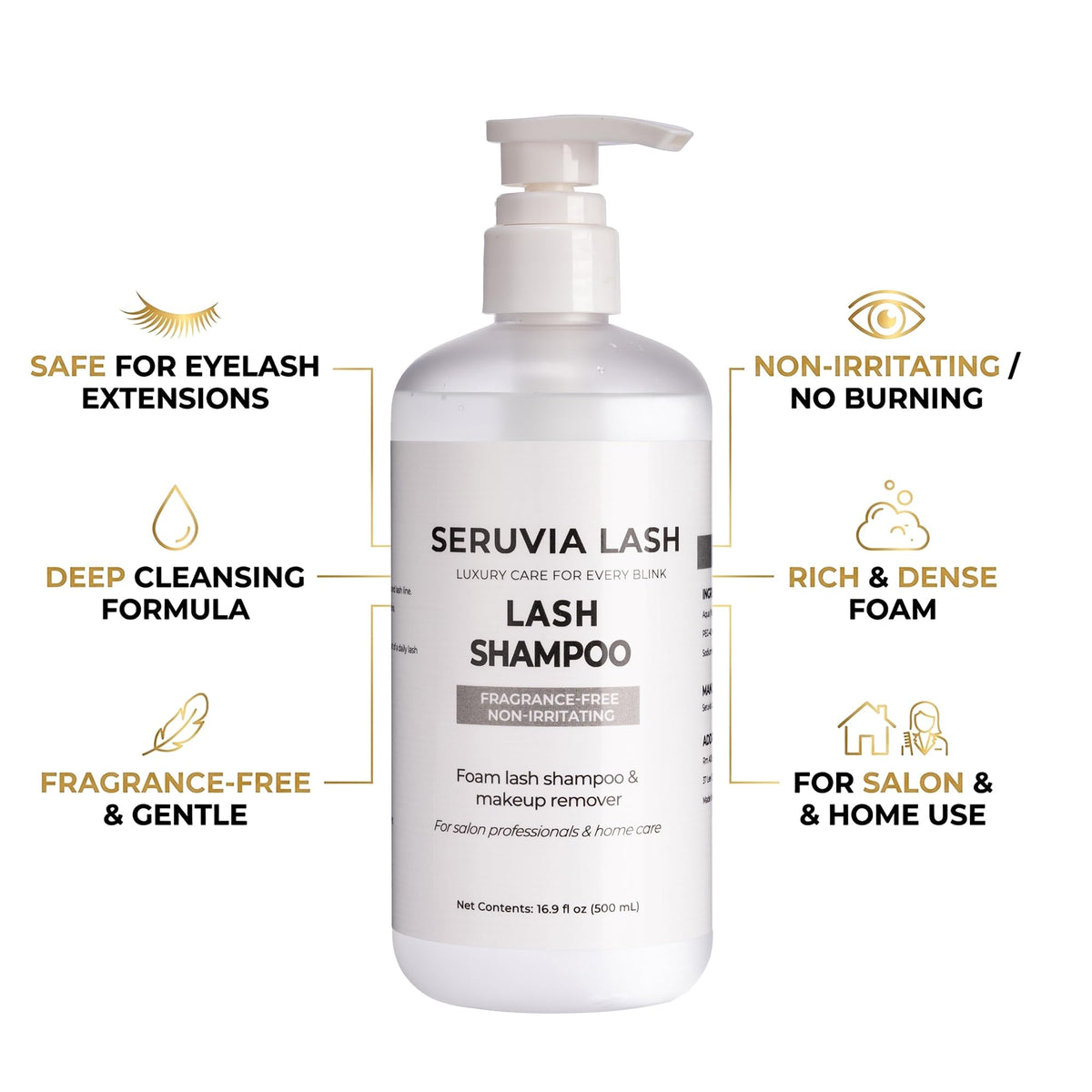 Seruvia Lash displayed at a salon station in use demonstrating professional-grade, tear-free cleansing
