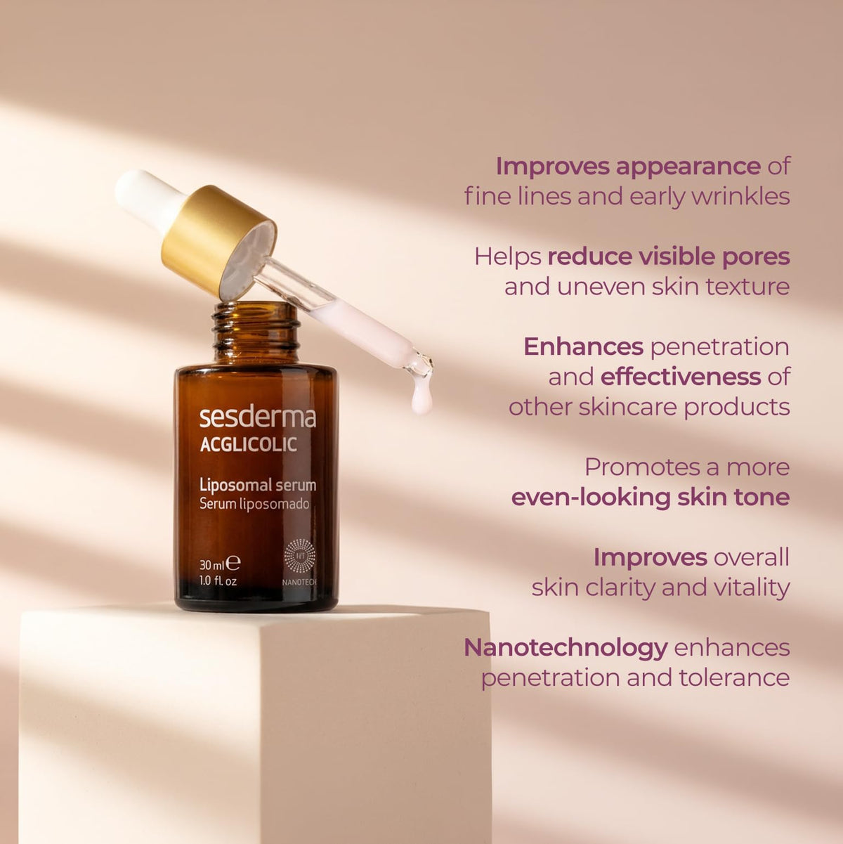 Sesderma serum applied on hand showing drop size and coverage for dosing and texture guidance