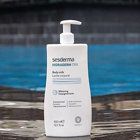 Sesderma body milk texture close-up highlighting lightweight cream, demonstrates quick absorption benefit