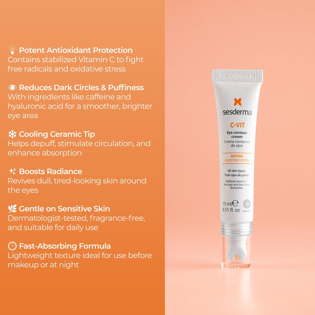 Sesderma ceramic applicator close-up demonstrating cooling tip for depuffing benefit