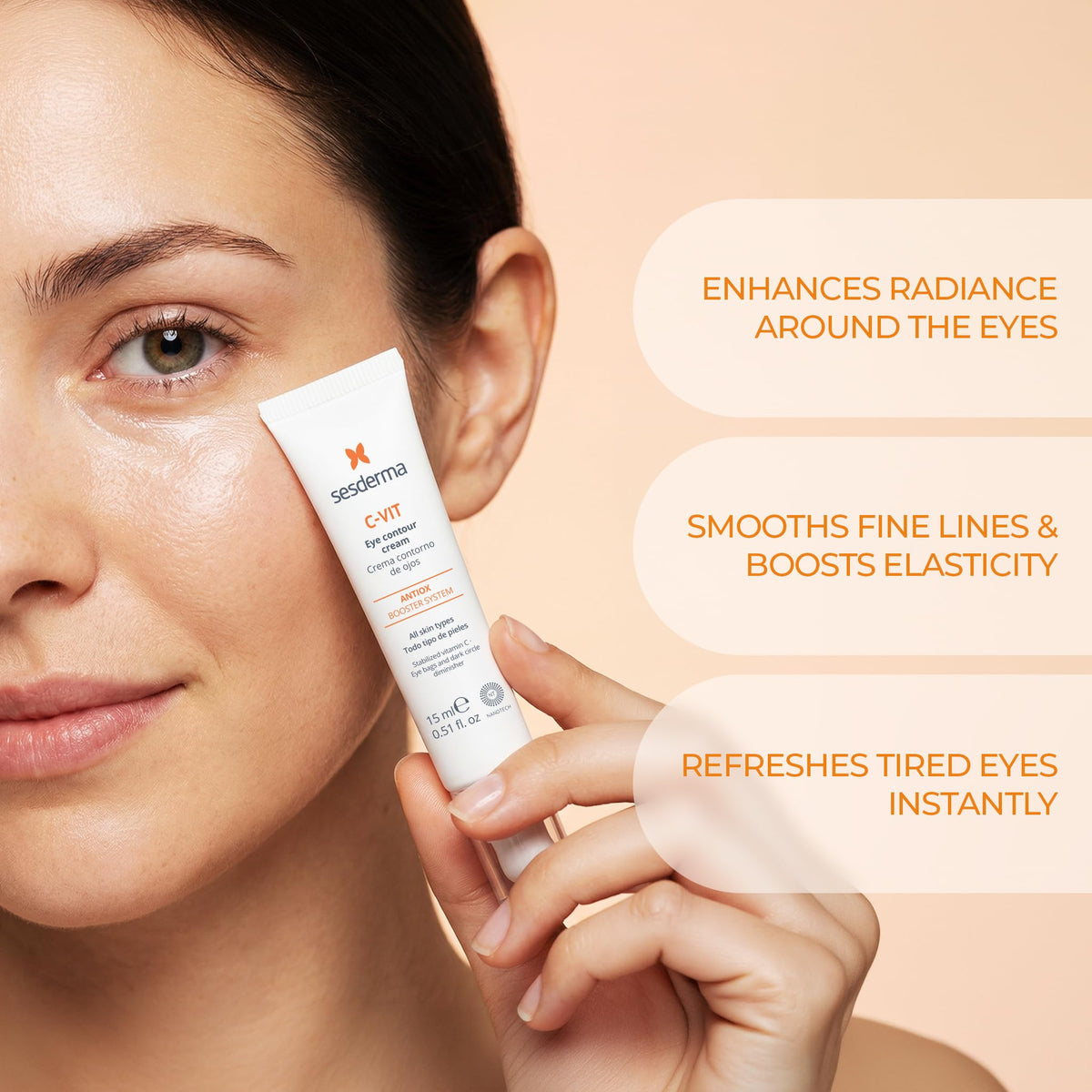 Sesderma C-VIT on bathroom shelf during morning routine conveying energizing, daily use