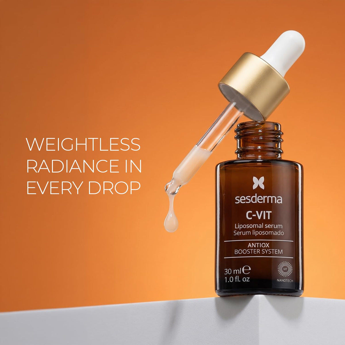 Sesderma bottle on bathroom shelf lifestyle shot showing everyday skincare routine benefit
