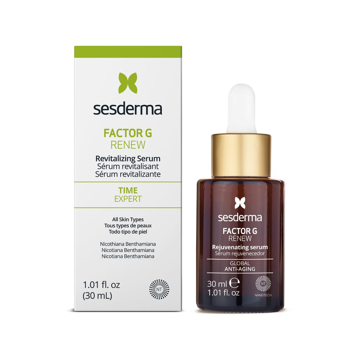 Sesderma bottle front view showing serum packaging and clear texture benefits