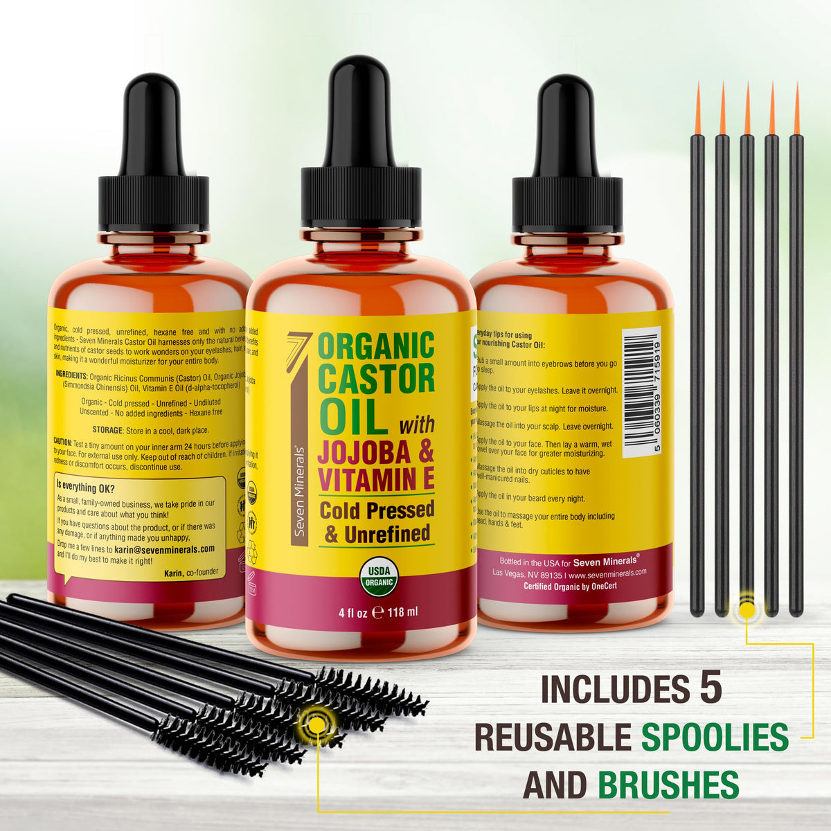 Seven Minerals applying castor oil to eyelashes with spoolie for fuller-looking lashes