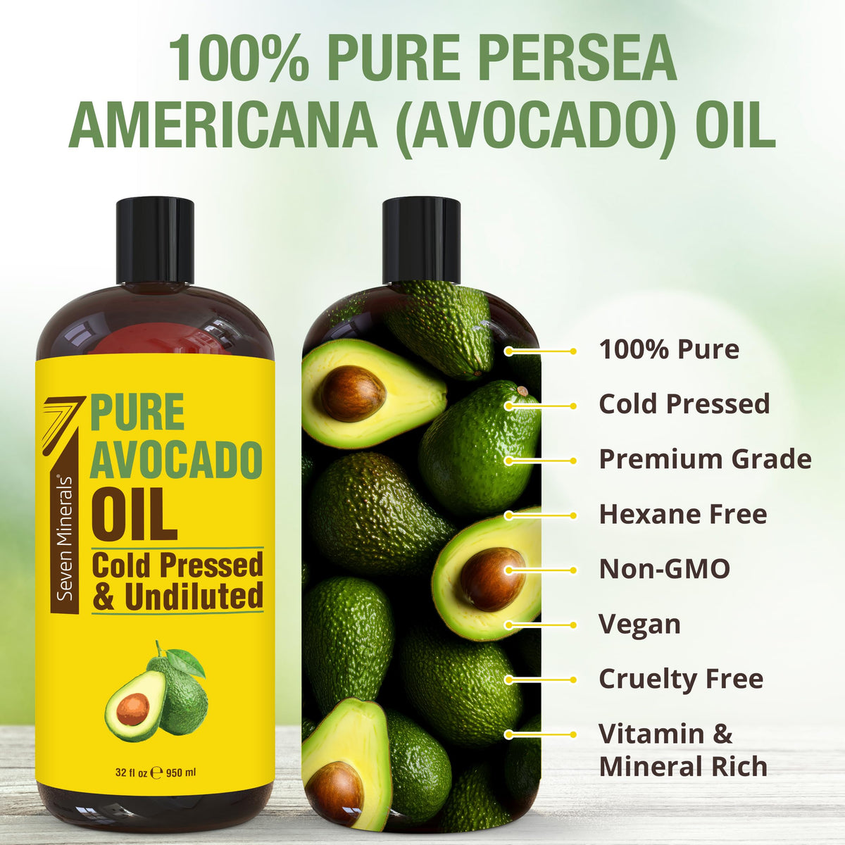 Seven Minerals pouring avocado oil close-up highlighting smooth texture