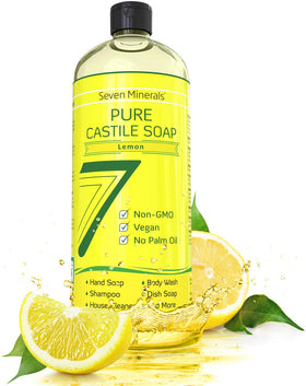 Seven Minerals bottle front view showing lemon Castile soap and benefits