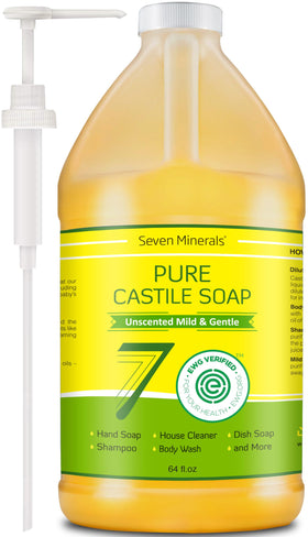 Seven Minerals front packaging showing unscented Castile soap and label benefits