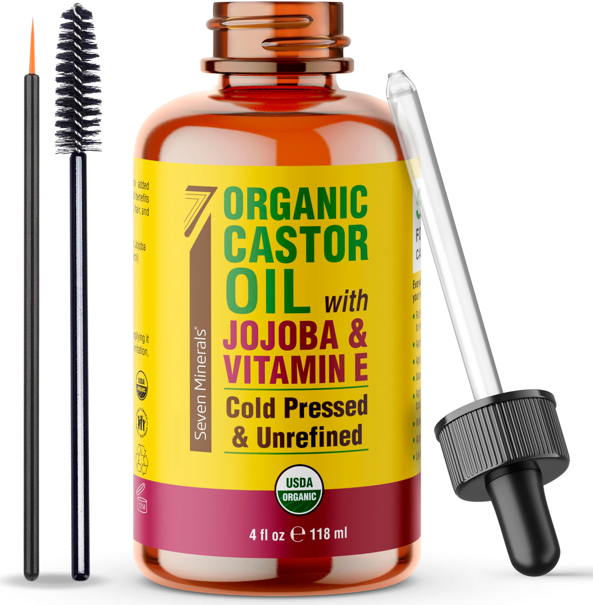 Seven Minerals front glass bottle showing label and organic castor oil benefits