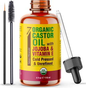 Seven Minerals front glass bottle showing label and organic castor oil benefits