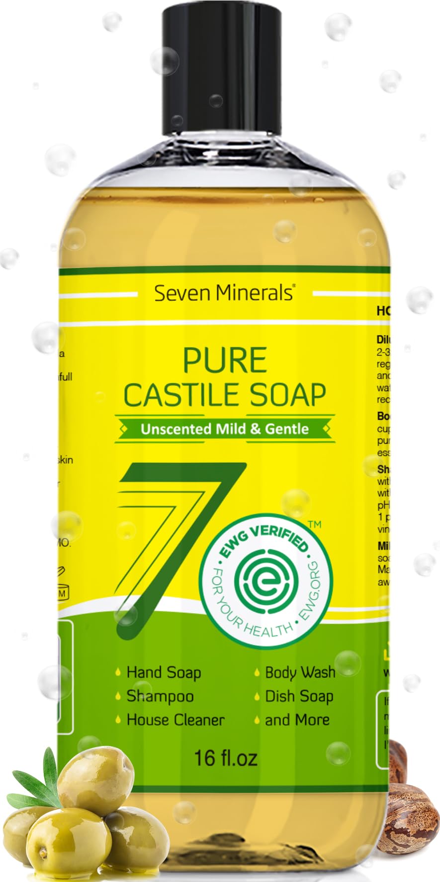 Seven Minerals front label bottle showing unscented pure castile benefit