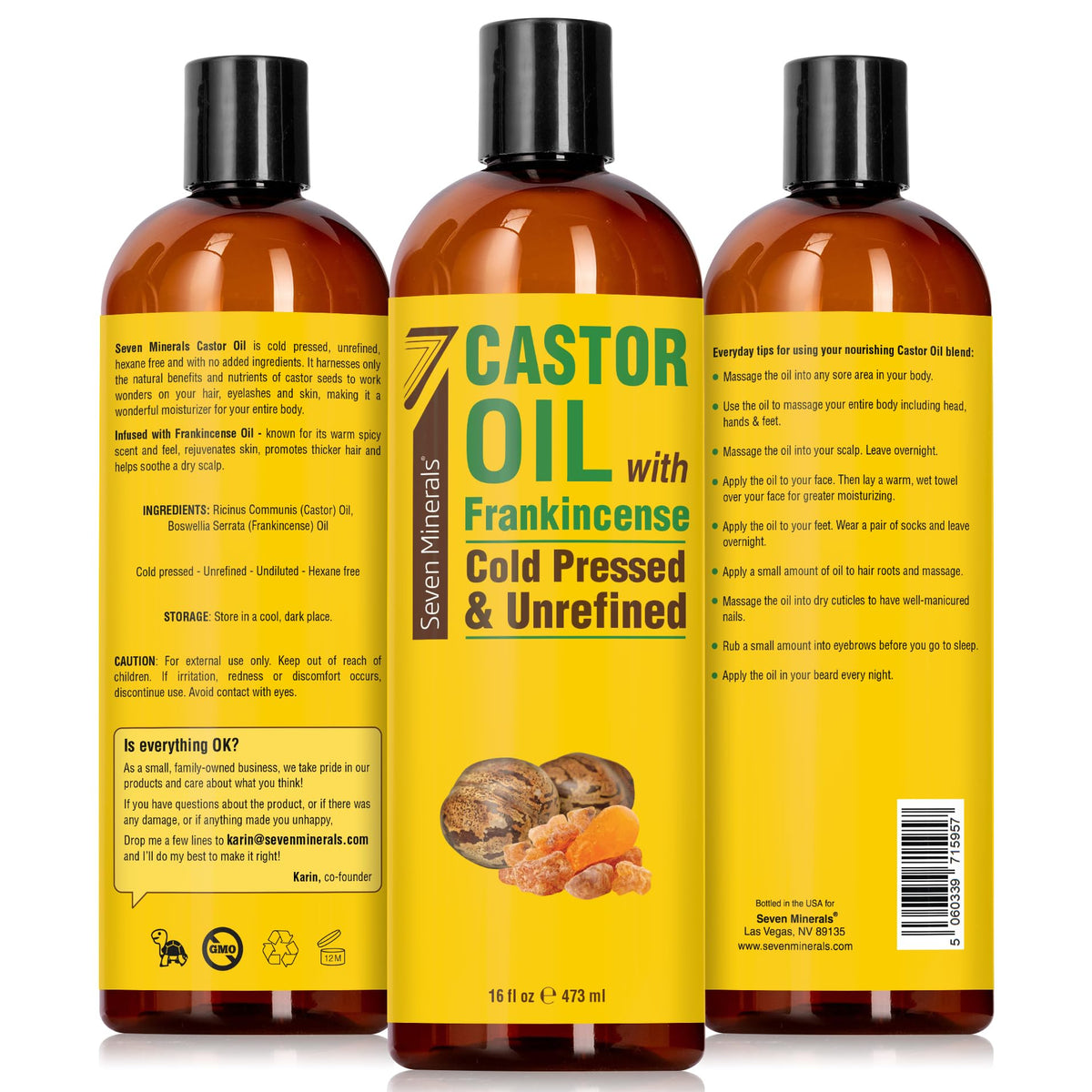 Seven Minerals label close-up highlighting cold-pressed hexane-free assurance