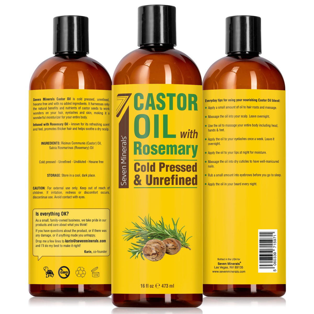 Seven Minerals bottle on bathroom vanity with towels conveying daily self-care use