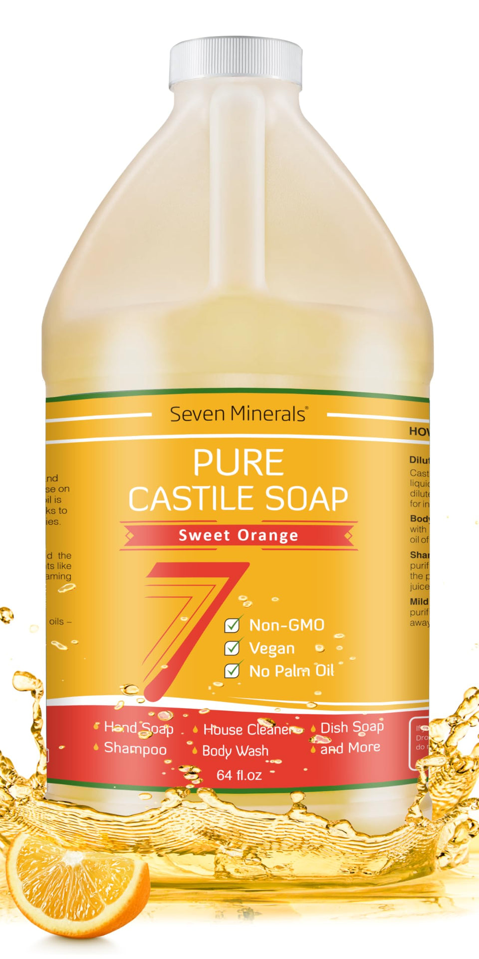 Seven Minerals front label on 64oz bottle showing product details and benefits