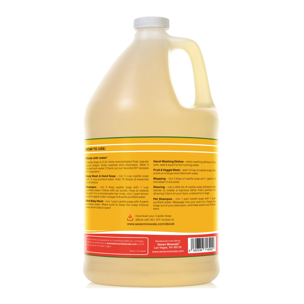 64oz Seven Minerals bottle beside smaller refill bottles and measuring cup for dilution