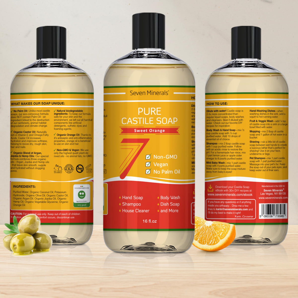 Seven Minerals bottle next to a ruler showing 16oz scale and travel planning benefits