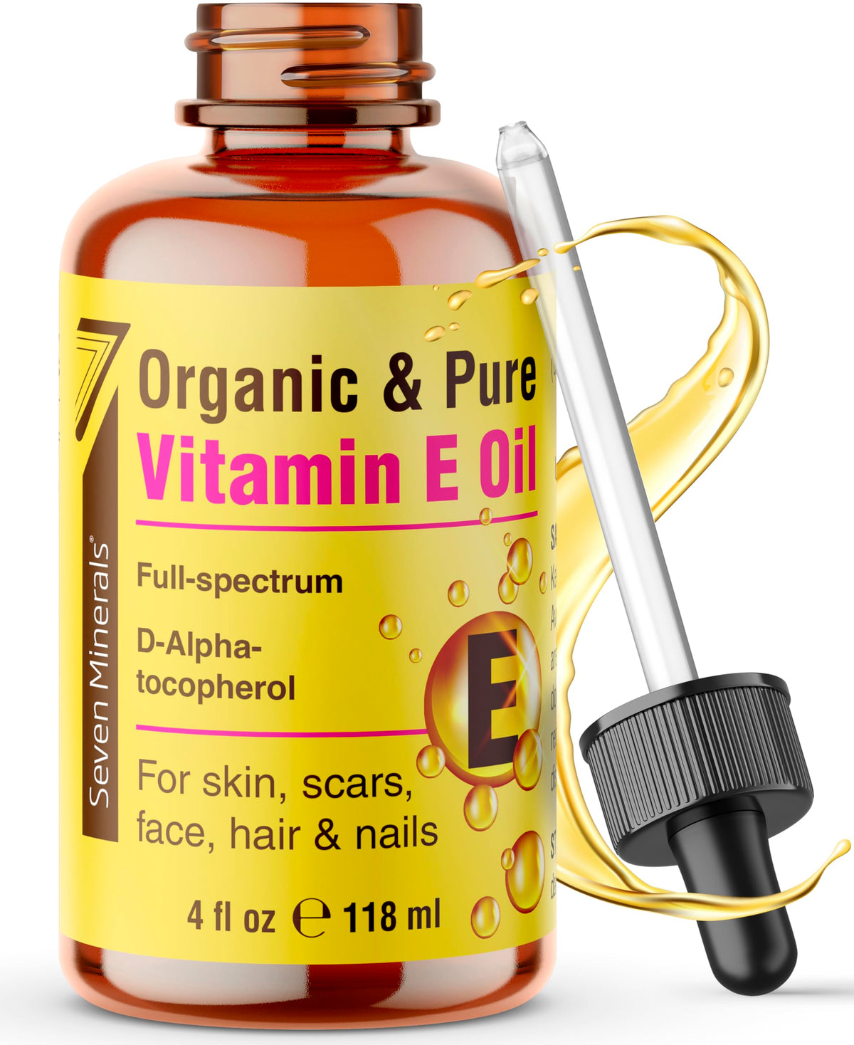 Seven Minerals front bottle view showing pure Vitamin E oil benefits