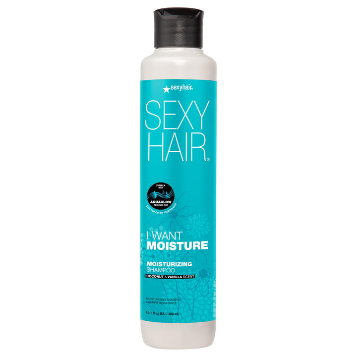 SexyHair shampoo front packaging showing bottle and benefit of moisture
