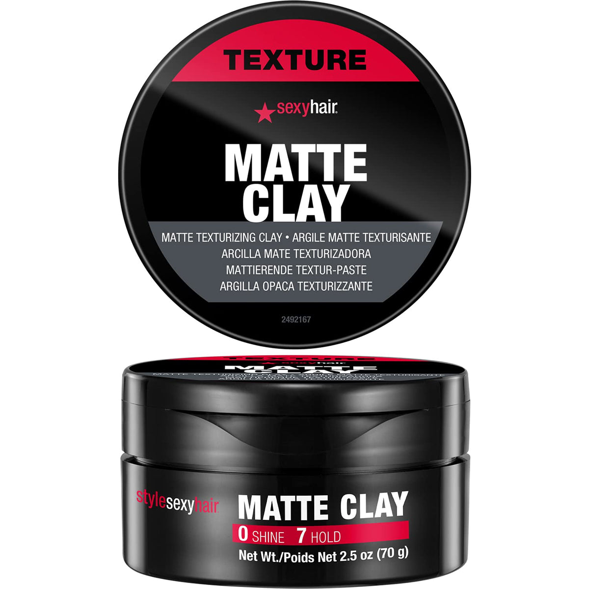 SexyHair matte clay front jar showing label and compact size benefit