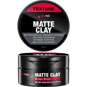 SexyHair matte clay front jar showing label and compact size benefit