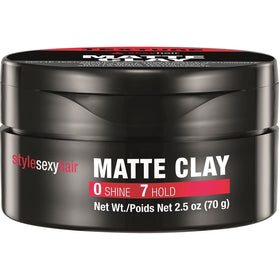 SexyHair matte clay held in hand for size scale and travel-friendly benefit