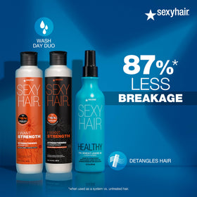 SexyHair conditioner on bathroom shelf in lifestyle scene promoting routine