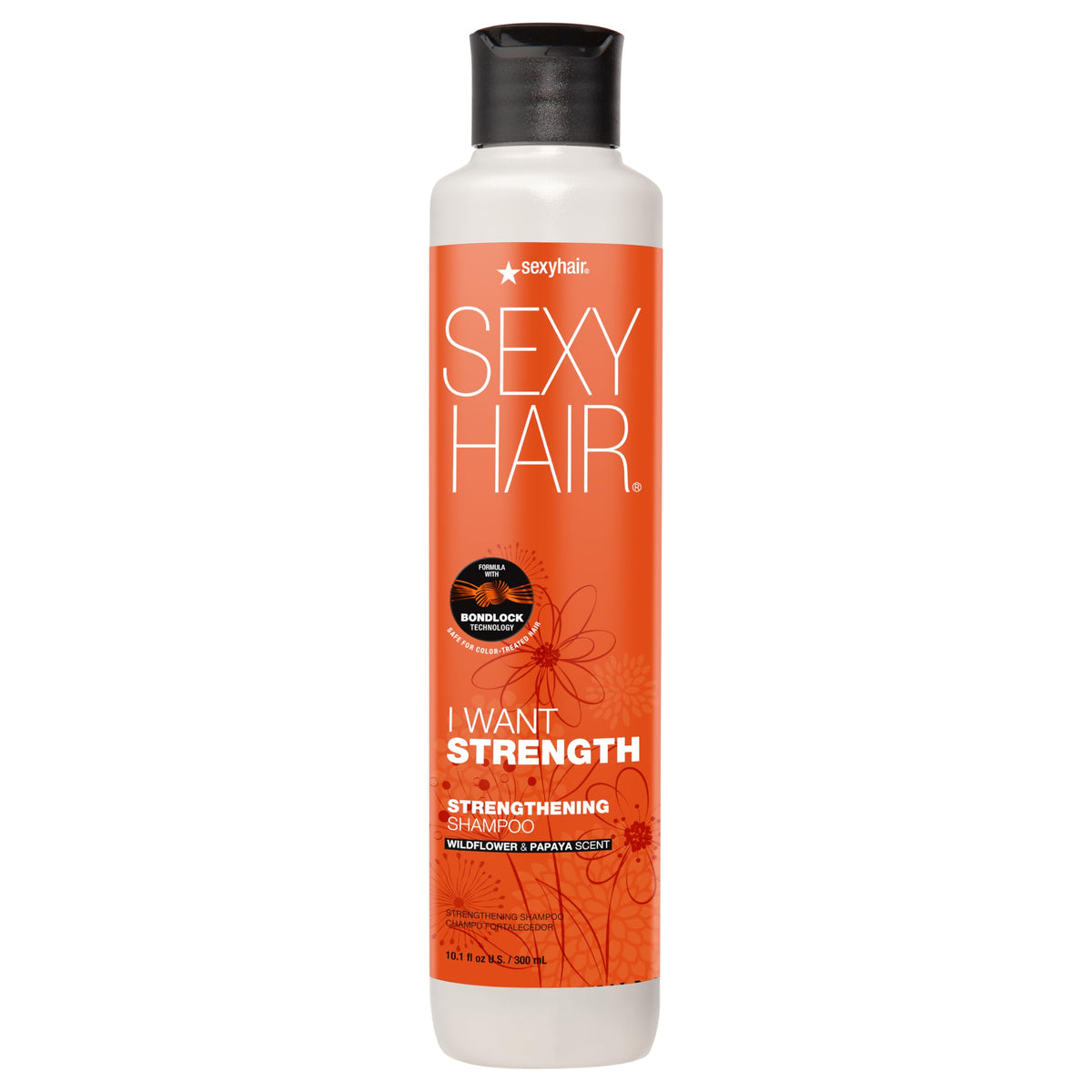 SexyHair I WANT STRENGTH shampoo front packaging showing brand and benefits