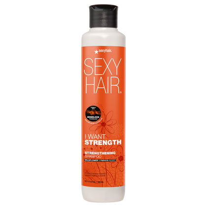 SexyHair I WANT STRENGTH shampoo front packaging showing brand and benefits