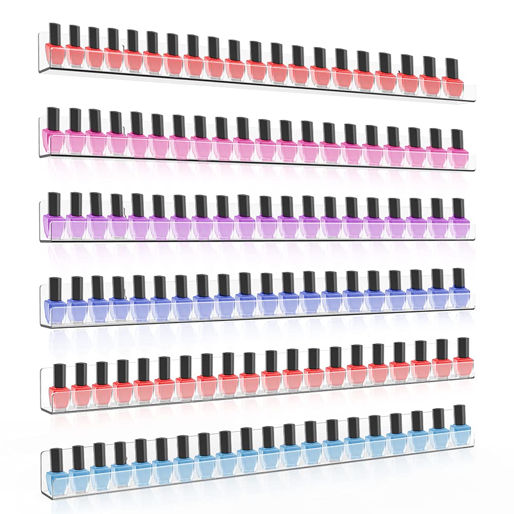 Sezanrpt front view of six clear wall shelves, tidy storage benefit