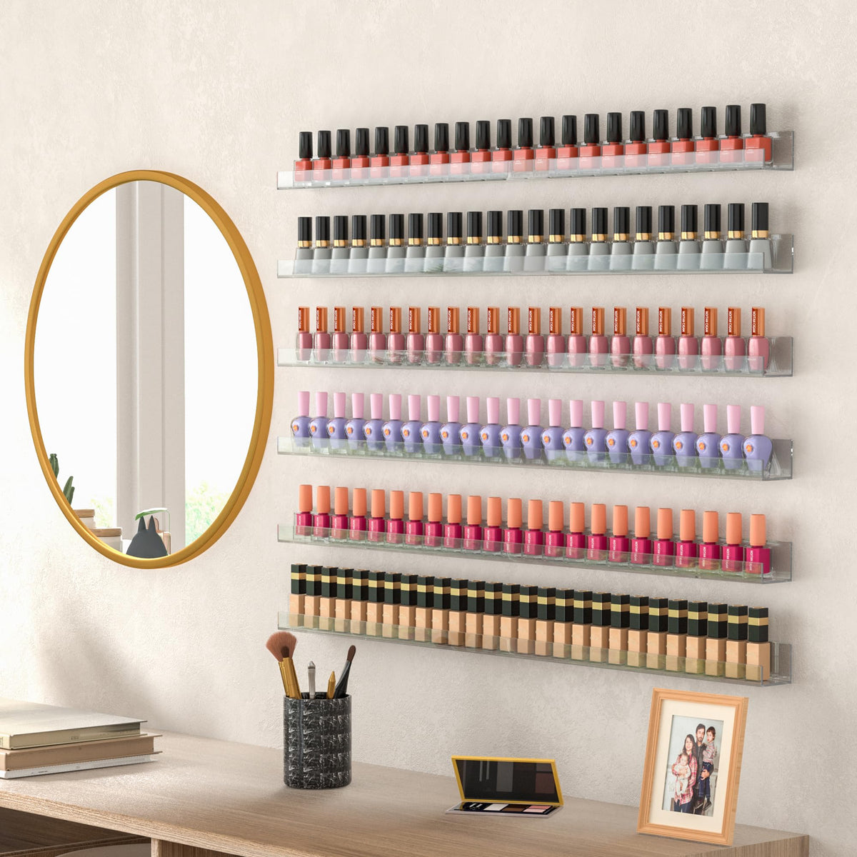 Sezanrpt shelf depth with bottles demonstrating fit for most polish sizes