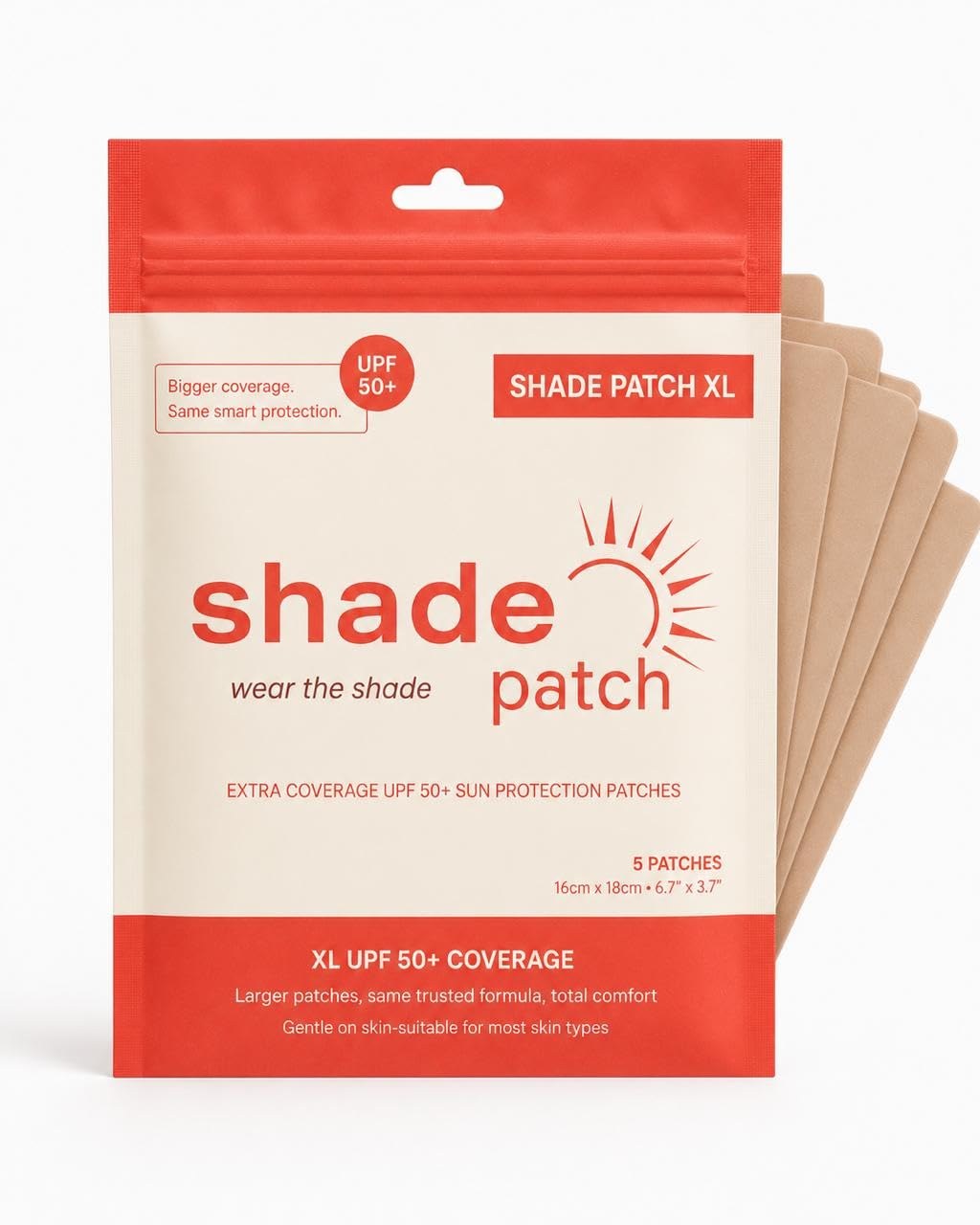 Shade Patch front packaging showing XL 5-pack and UPF50+ protection benefit