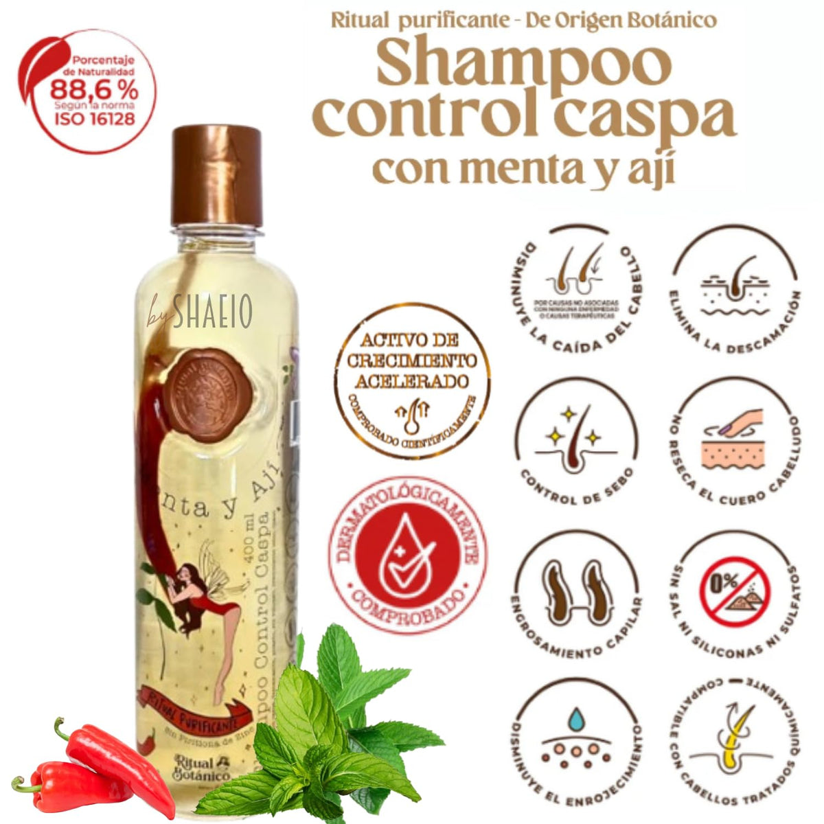 SHAEIO Mint and Ají shampoo pump dispensing for fresh scalp cleansing benefit