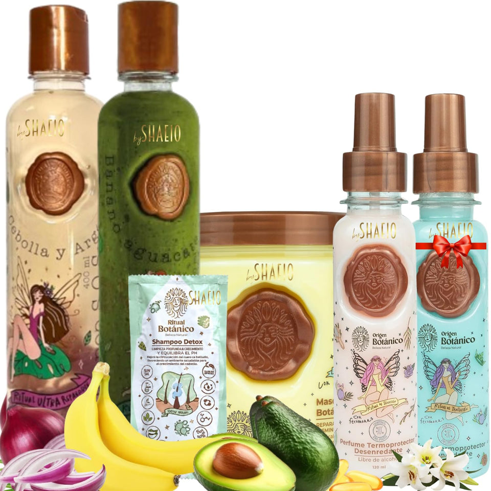 SHAEIO front packaging of Ritual Botanico kit showing complete repair set and benefits
