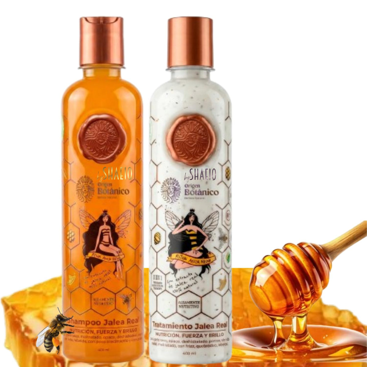SHAEIO front packaging showing shampoo and treatment, clear product view and benefits
