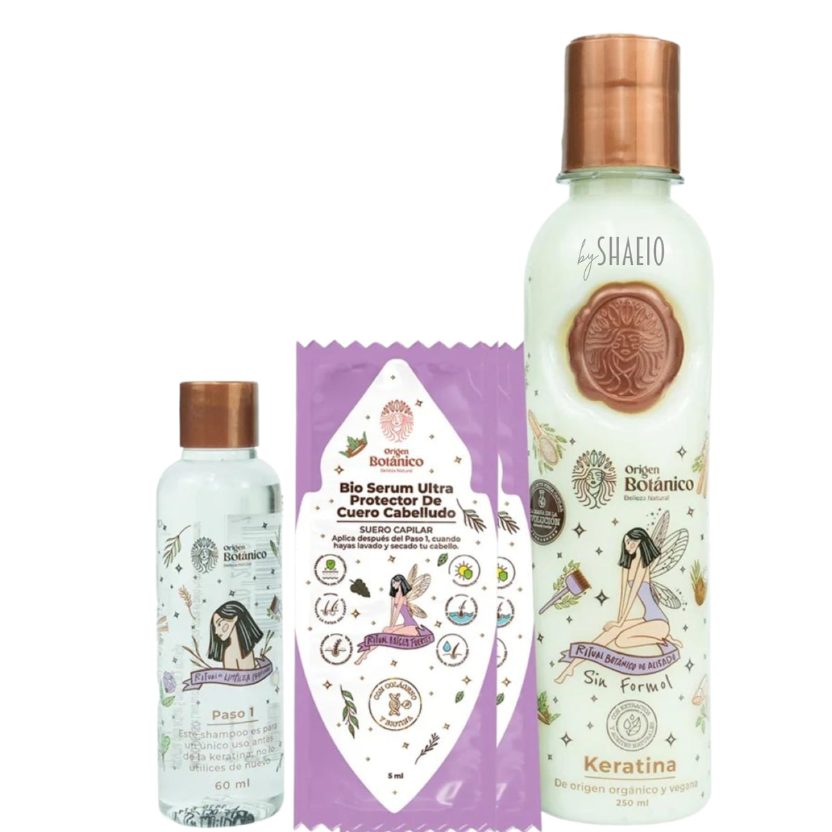 SHAEIO front packaging showing product name and benefits for glossy hair