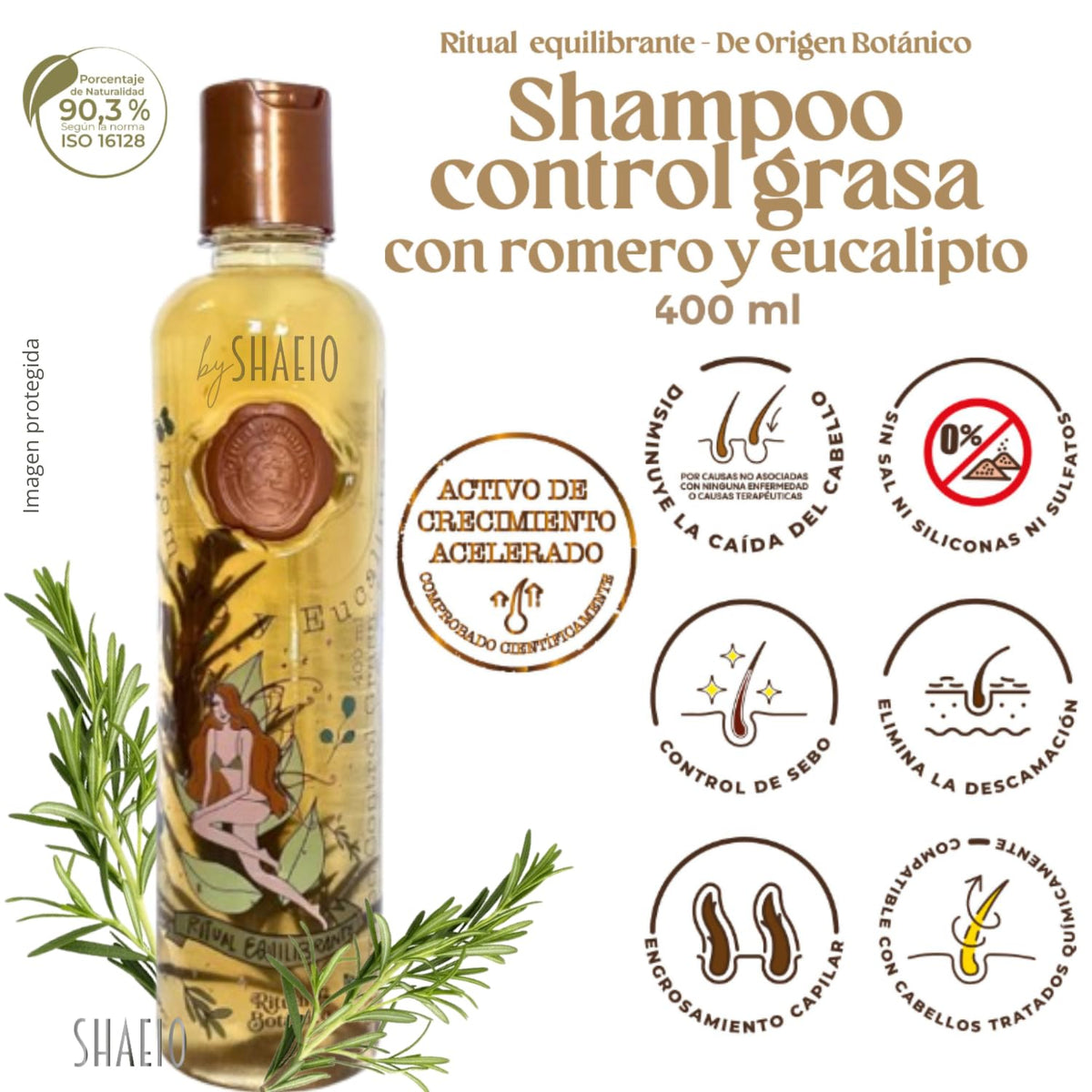 SHAEIO rosemary shampoo pump close-up for invigorating scalp care