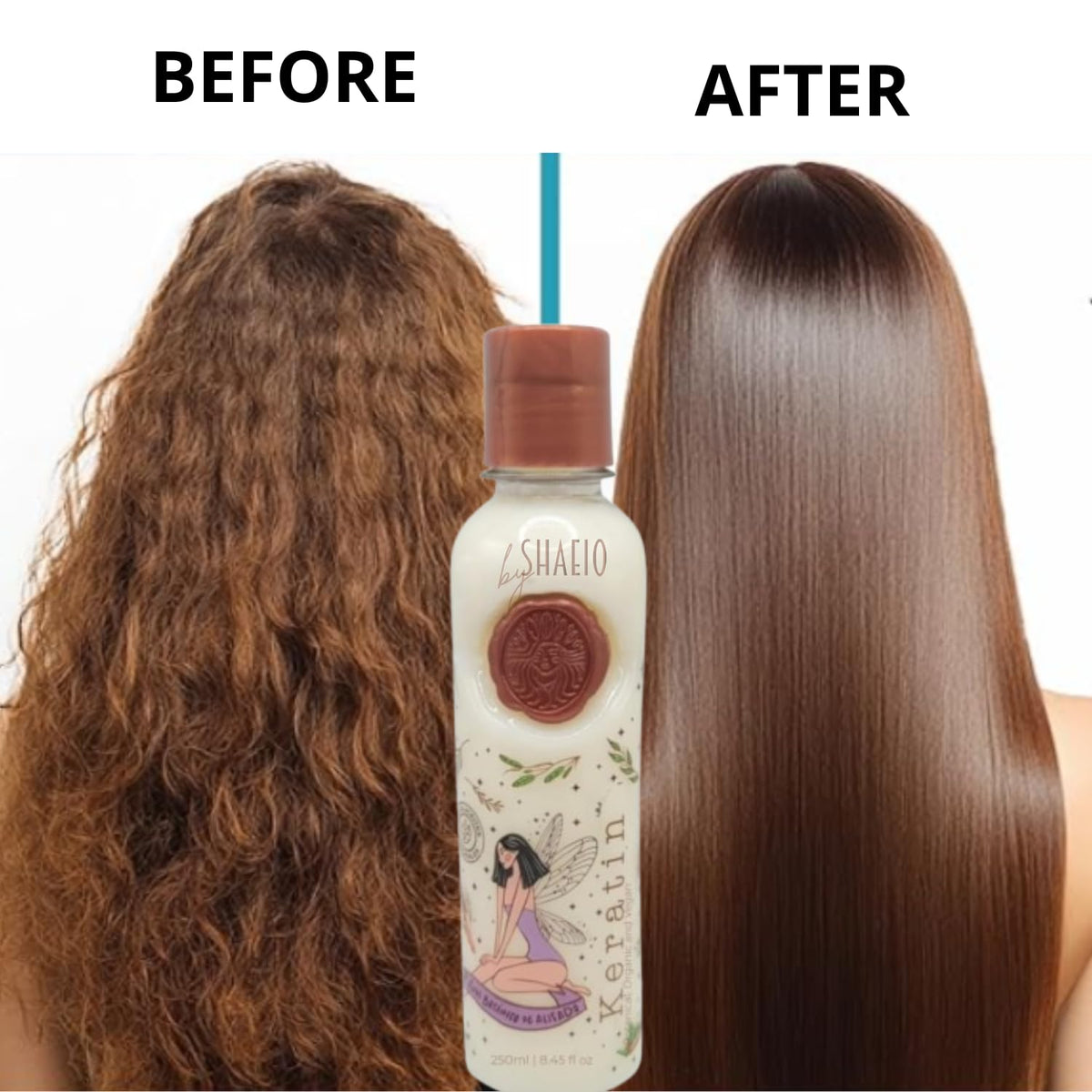 SHAEIO keratin bottle texture close-up highlighting creamy organic formula