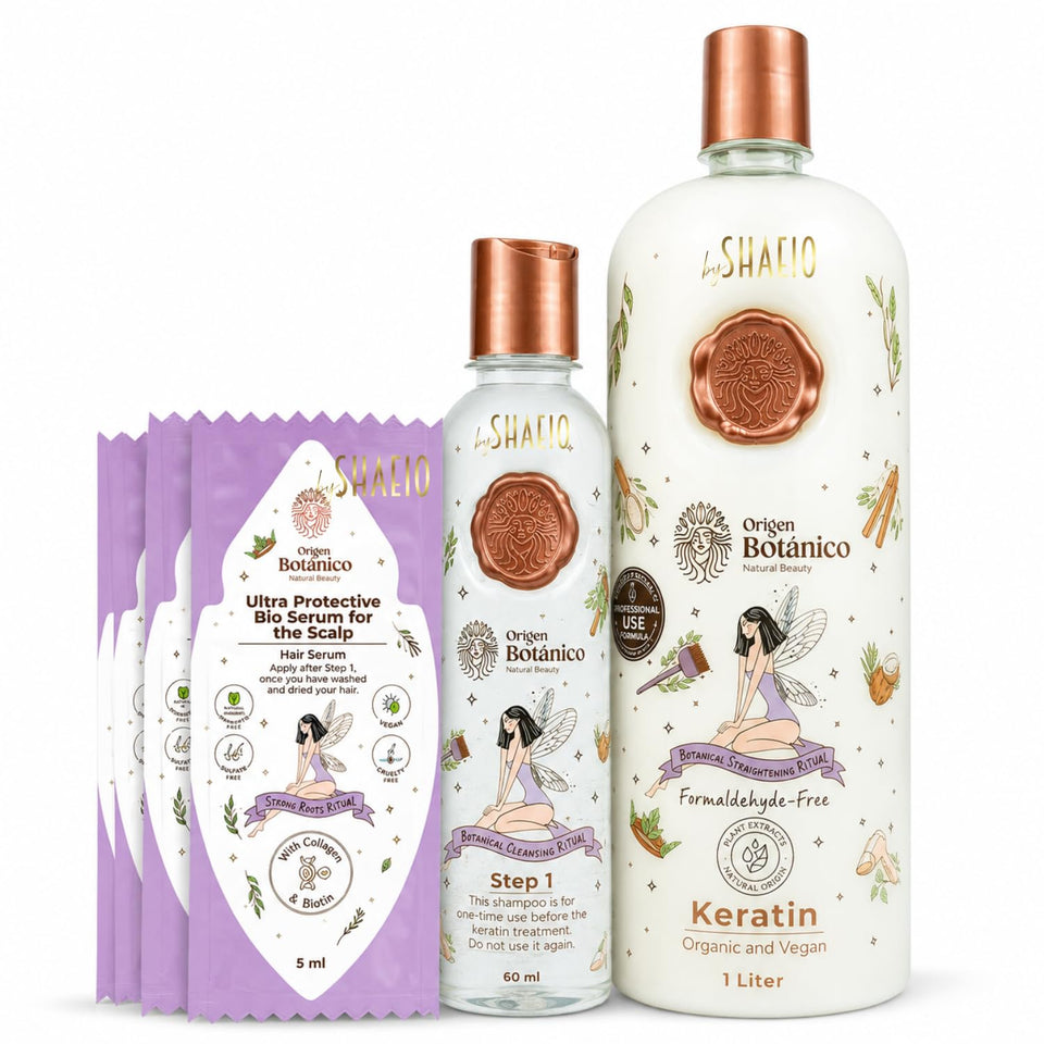 SHAEIO front packaging showing keratin bottle and benefits