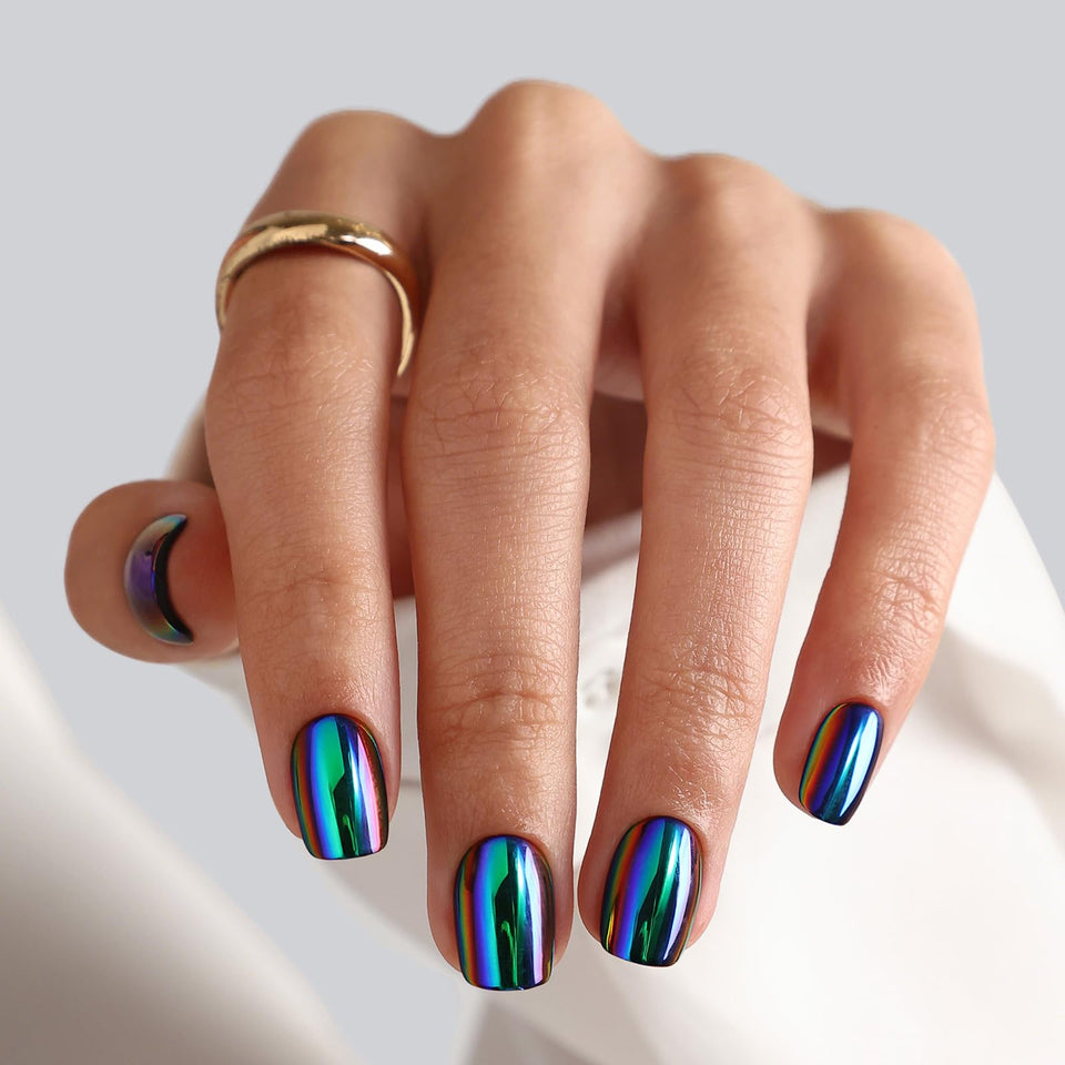 shangmeng front packaging showing metallic chrome nails and kit contents for easy at-home manicures