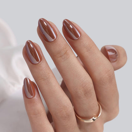 SHANGMENG front packaging showing 32 molten mocha press-on nails and tools for quick application