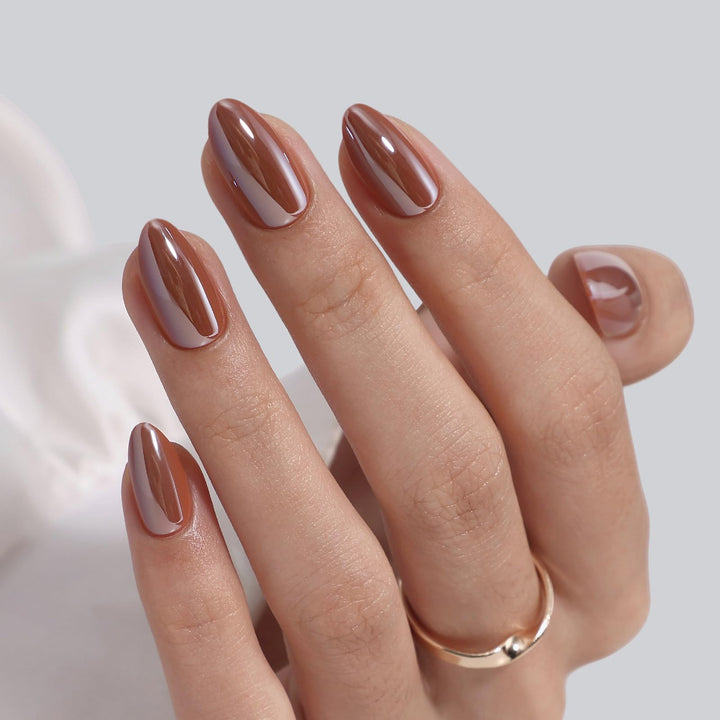 SHANGMENG front packaging showing 32 molten mocha press-on nails and tools for quick application
