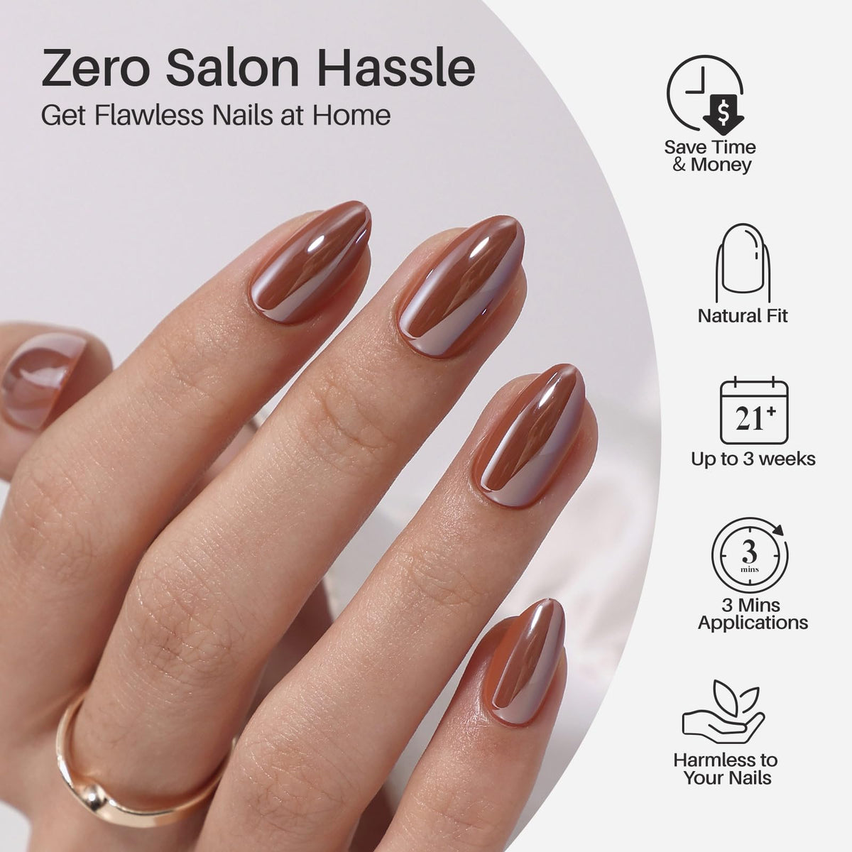 SHANGMENG side profile of almond-shaped nail showing soft-gel curvature and natural fit benefit