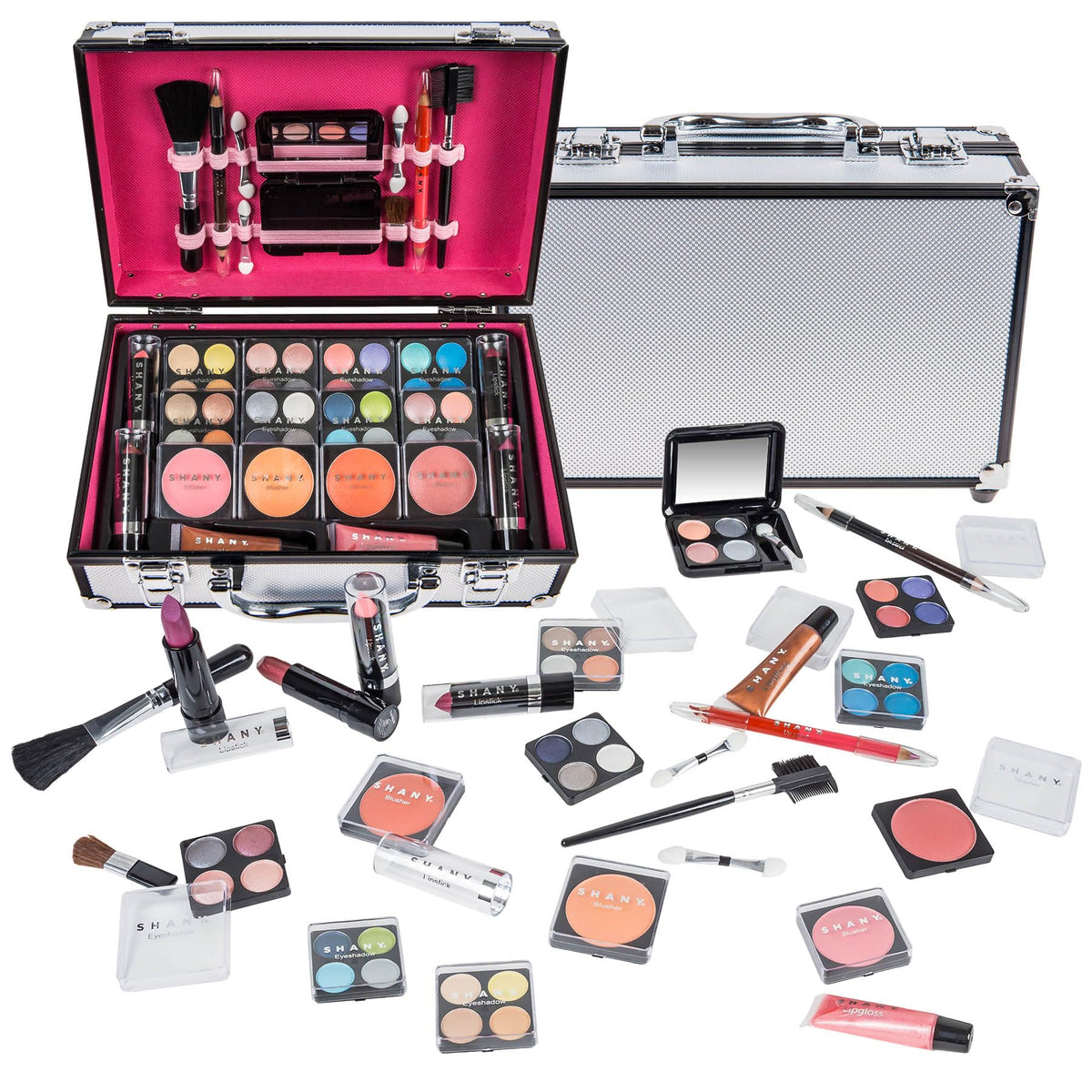 SHANY silver train case open showing organized compartments and secure storage