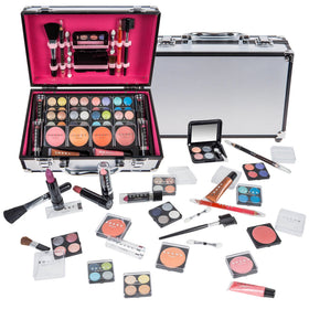 SHANY silver train case open showing organized compartments and secure storage